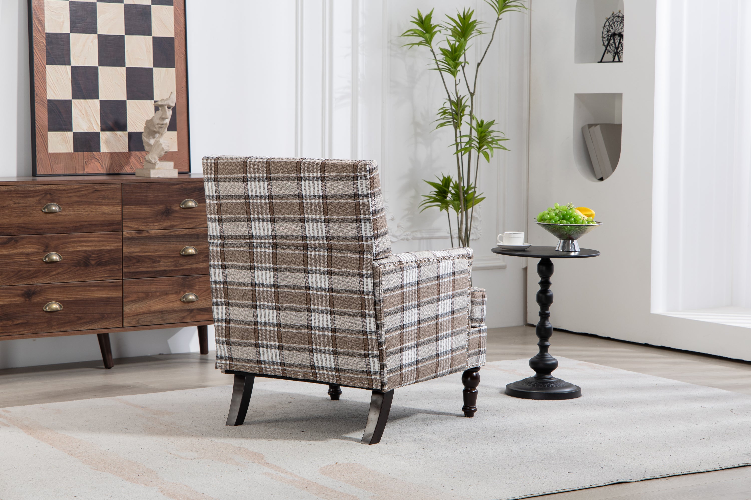 Upholstered Accent Chair, Vintage Armchair with Brown Linen Fabric and Nailhead Trim for Living Room - Grand Goldman Shop