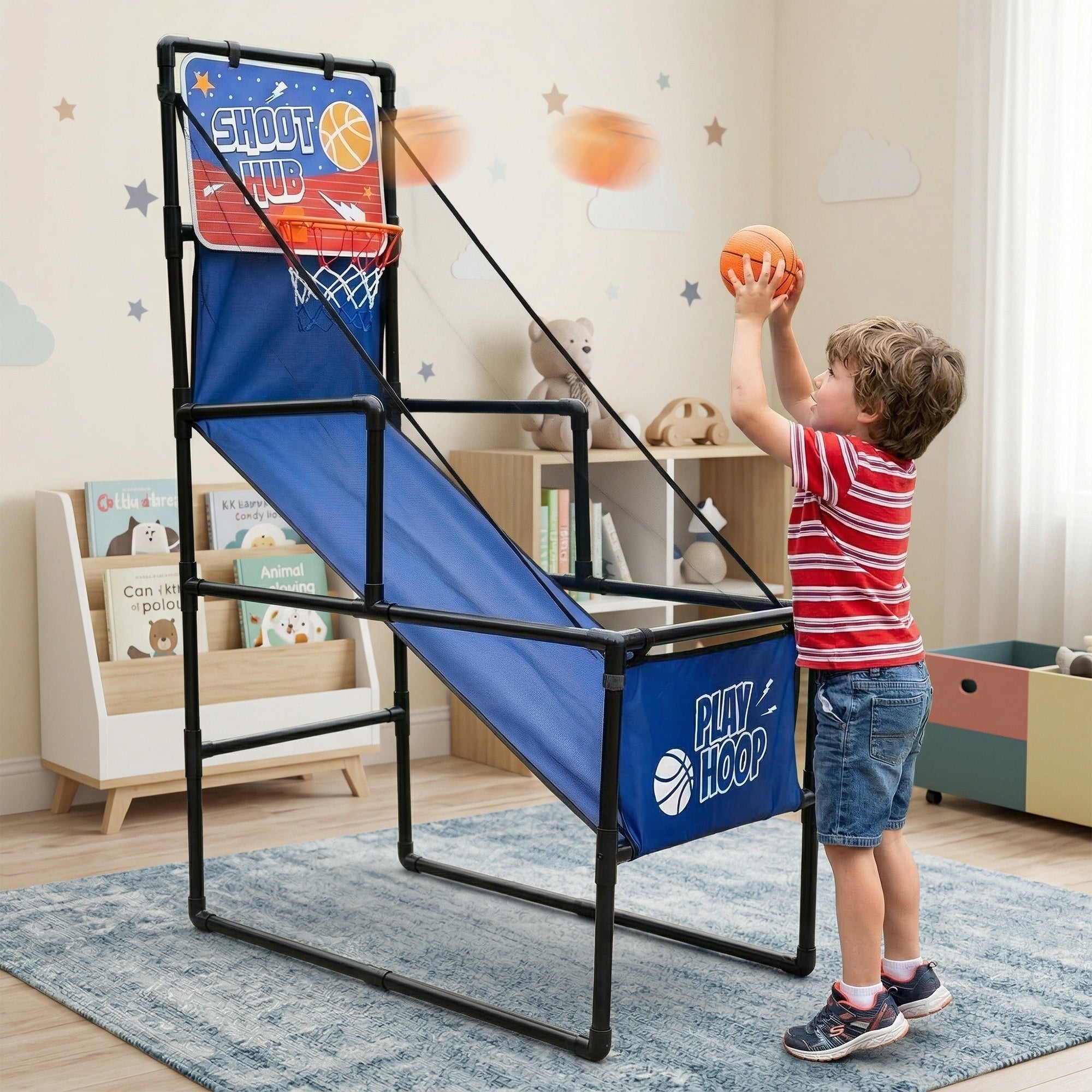 Kids Single Shot Basketball Arcade Game, Indoor Basketball Hoop with 2 Balls & Pump, Foldable Stand for Toddlers & Children -
