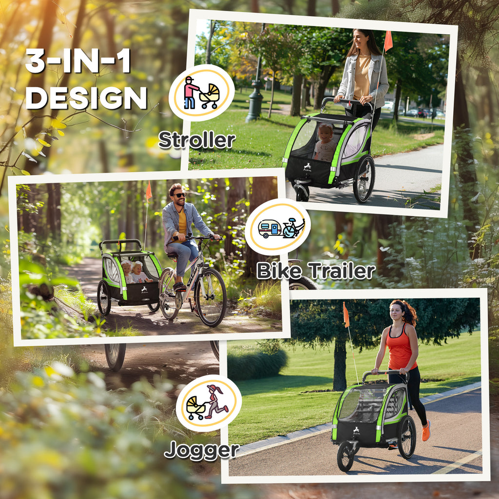 Aosom 3-in-1 Walk/Jog/Ride Child Baby Bike Trailer for Kids 2 Seater, High-Visibility Bike Stroller for Toddler Wagon, Weathe