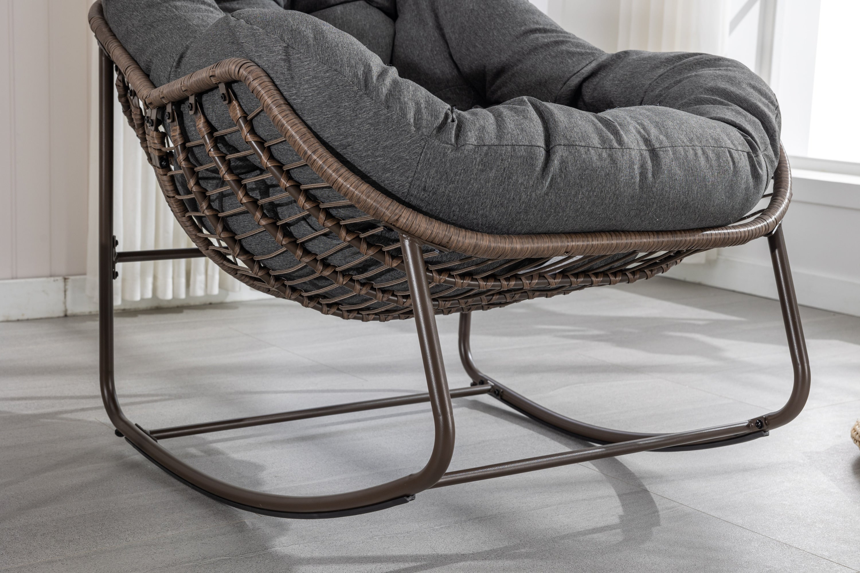 Outdoor Rattan Rocking Chair,Padded Cushion Rocker Recliner Chair Outdoor for Front Porch, Living Room, Patio, Garden, Grey - Grand Goldman Shop