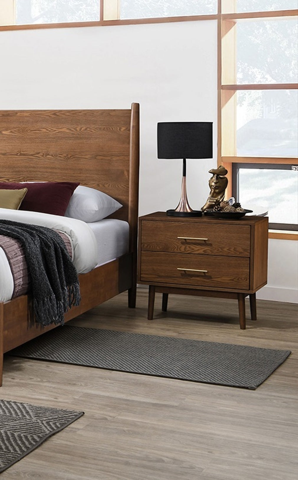Walnut Color Panel Headboard 3pc Bedroom Set Eastern King Size Bed 2x Nightstands Wooden Mid-Century Modern Style - Grand Goldman Shop