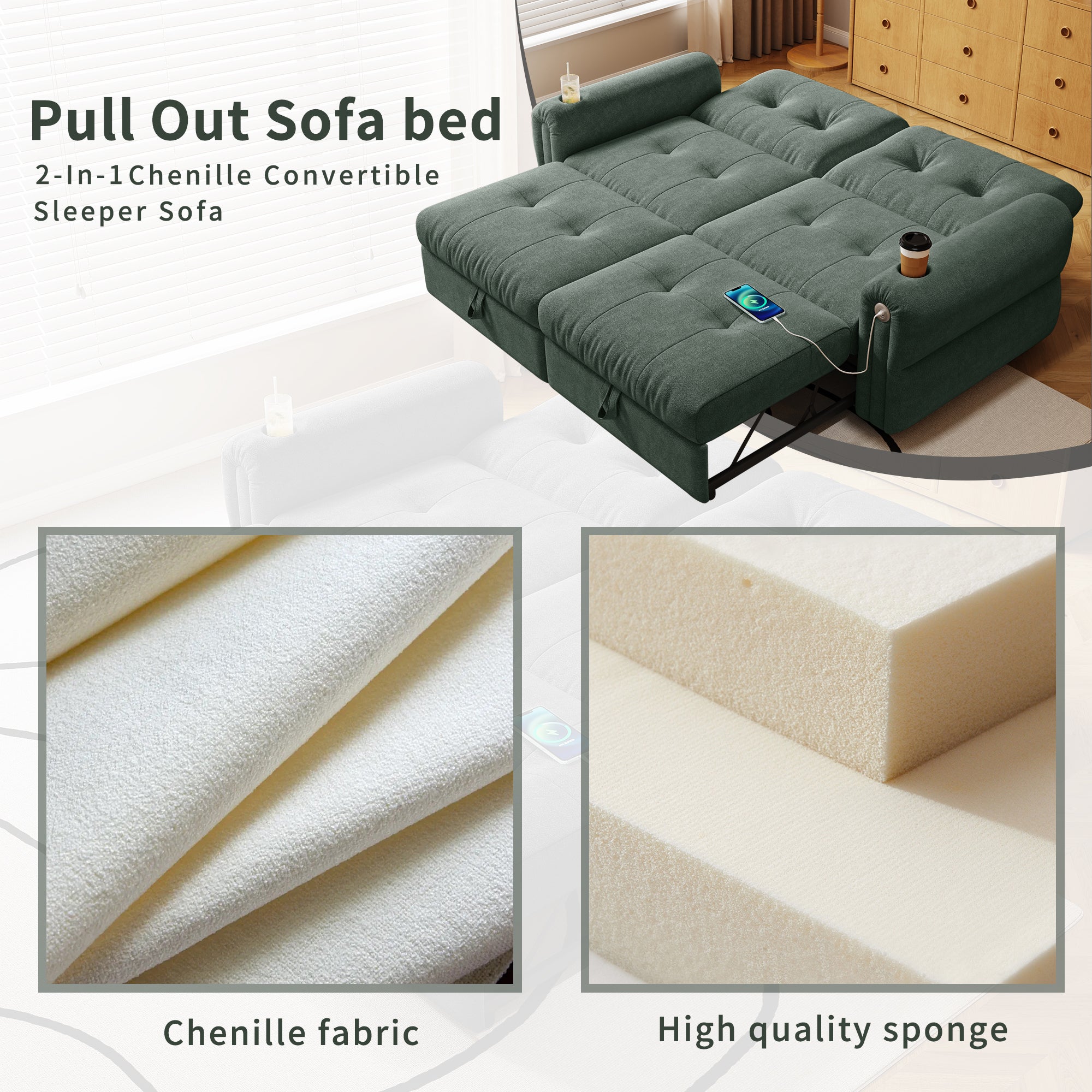 It is a multi-functional sofa, a 77-inch convertible sofa bed, and a 2-in-1 piece suitable for both sitting and lying down. Made of  Chenille fabric, it is suitable for living rooms, bedrooms - Grand Goldman Shop