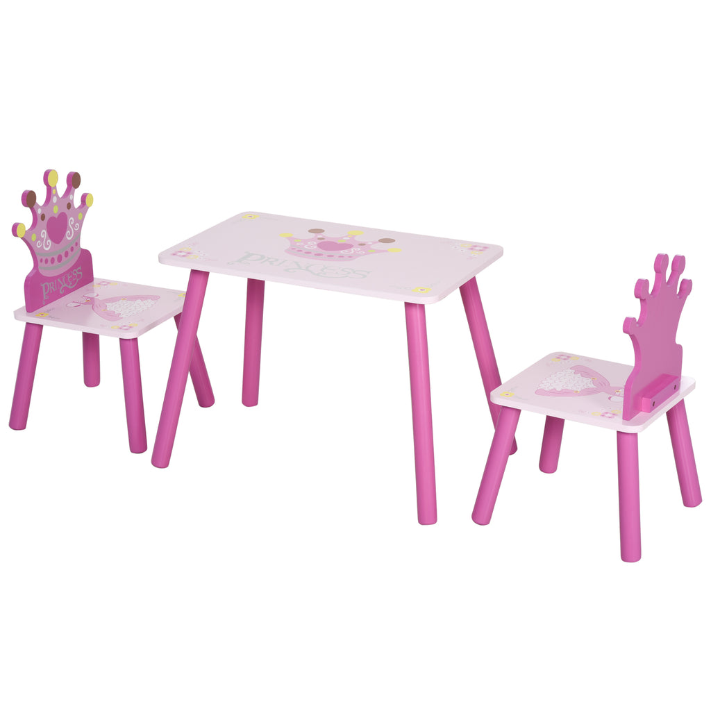 Qaba 3-Piece Kids Wooden Table and Chair Set with Crown Pattern Gift for Girls Toddlers Arts Reading Writing Age 2-4 Years Pi