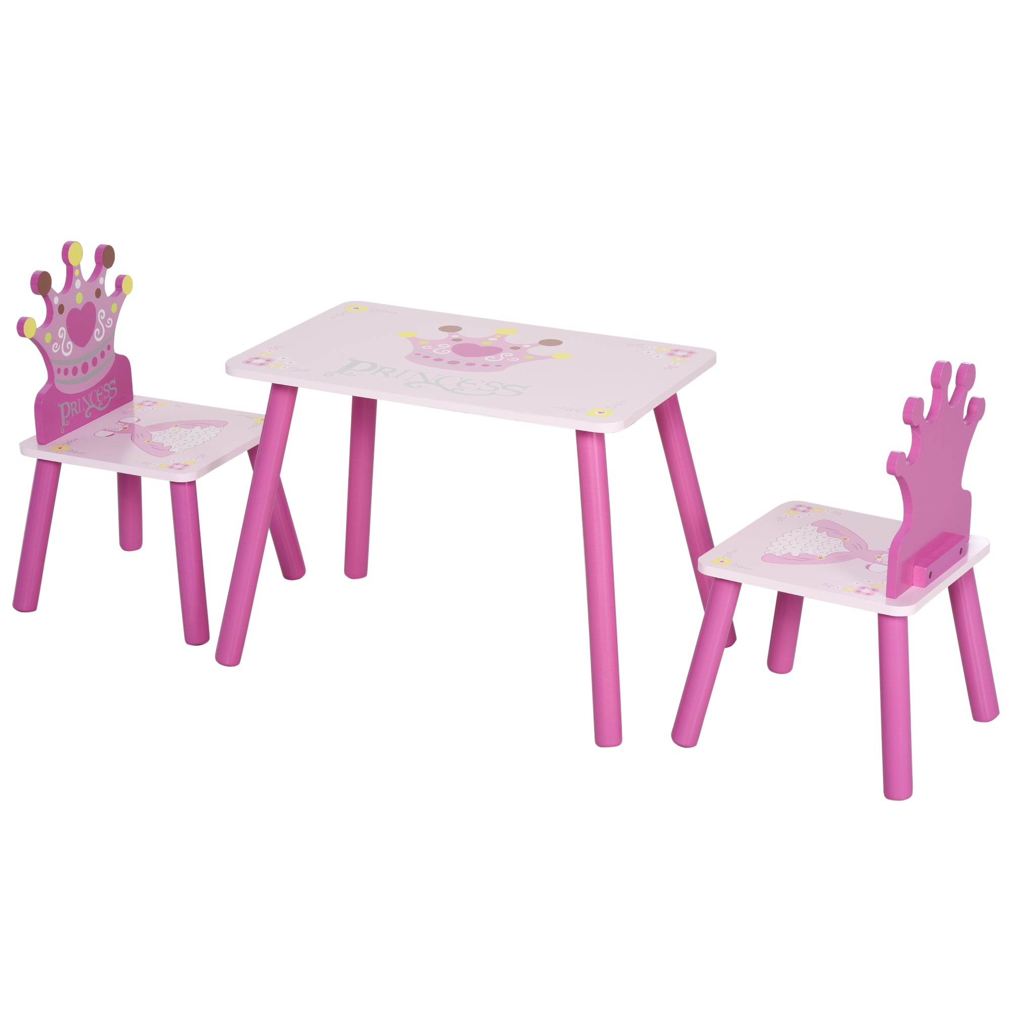 Qaba 3-Piece Kids Wooden Table and Chair Set with Crown Pattern Gift for Girls Toddlers Arts Reading Writing Age 2-4 Years Pi