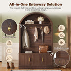 Farmhouse Fabric Arched Top Hall Tree with 5 Metal Hooks, All-in-One Mudroom Furniture with Adjustable Shelves, Mid-Century Fluted Door Entryway Bench with Wood Grain Finish for Hallway, Walnut - Grand Goldman Shop