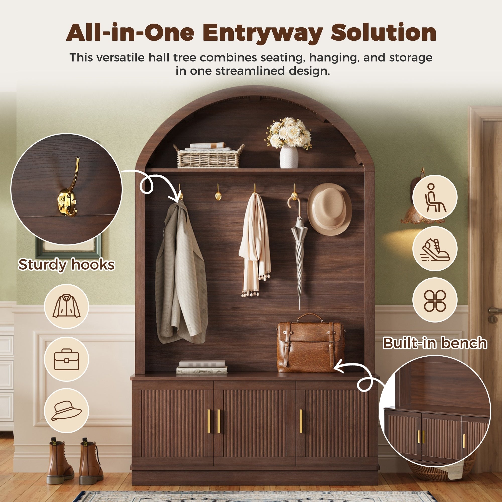 Farmhouse Fabric Arched Top Hall Tree with 5 Metal Hooks, All-in-One Mudroom Furniture with Adjustable Shelves, Mid-Century Fluted Door Entryway Bench with Wood Grain Finish for Hallway, Walnut - Grand Goldman Shop