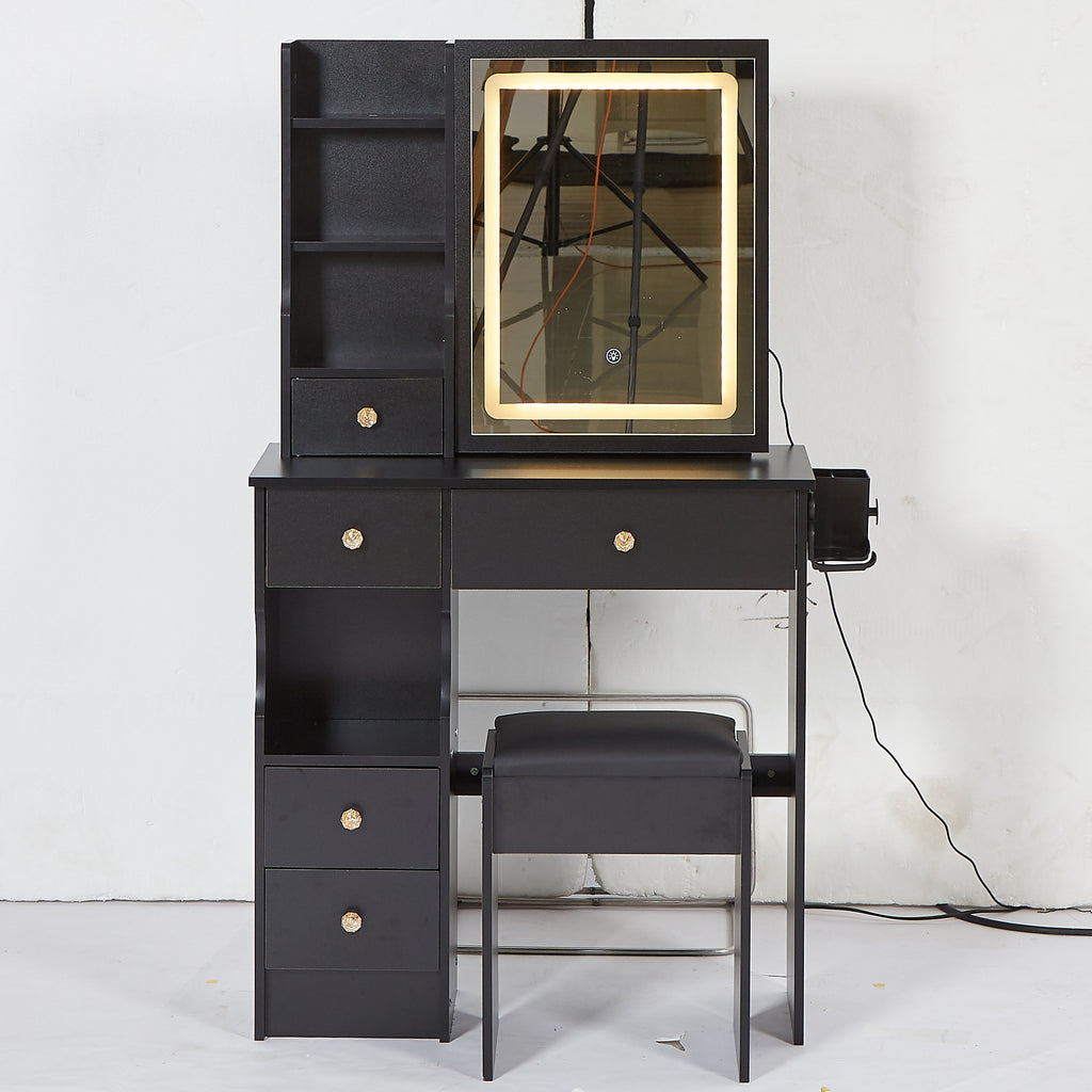 29.2' Small Size Drawer Desktop Vanity Table + Cushioned Stool, 2 AC+2 USB Power Station, Hair dryer bracket, Extra Large Touch Control Sliding LED Mirror, 3-color Switching, EPA, GCC, UL Certificate - Grand Goldman Shop
