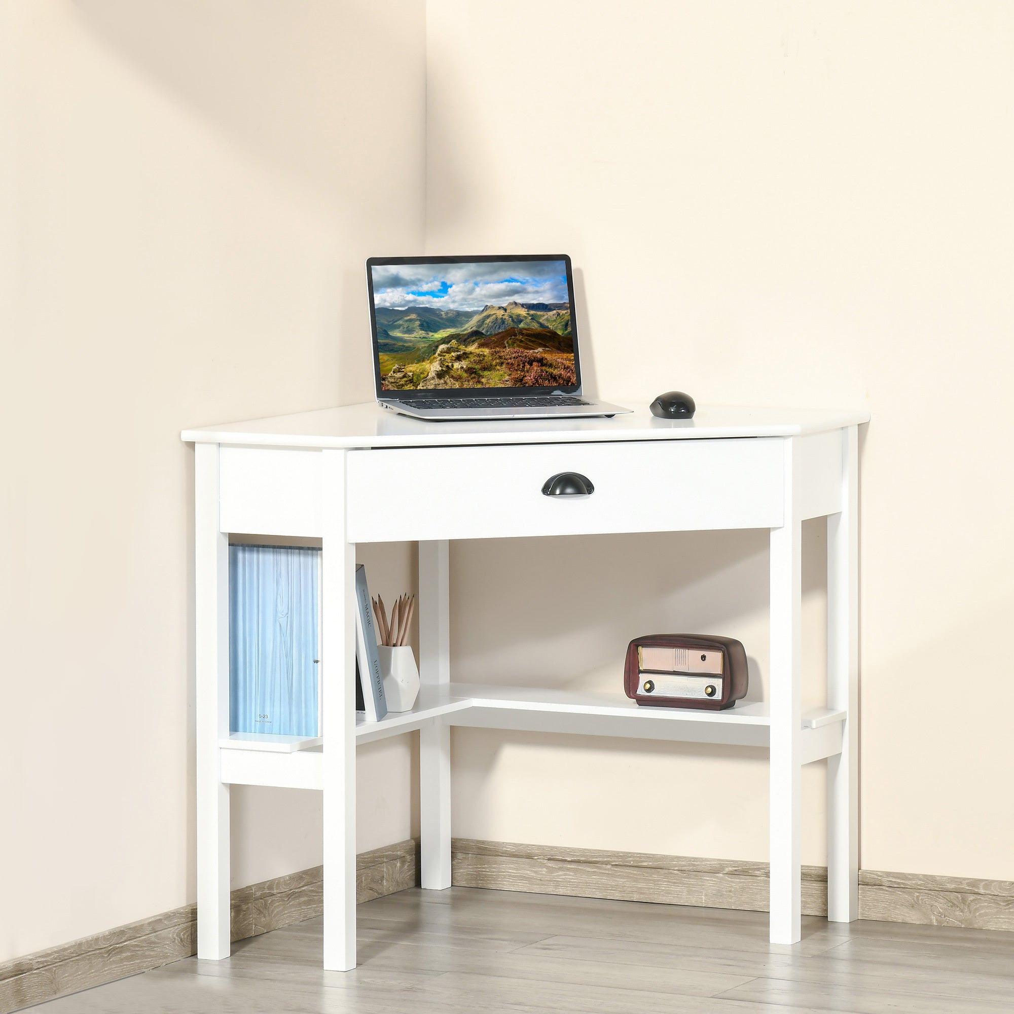 HOMCOM Corner Desk, Triangle Computer Desk with Drawer and Storage Shelves for Small Spaces, Home Office Workstation for Livi