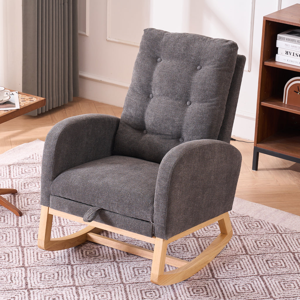 LY-5104 Gray Accent Rocking Chair with Footrest High Back Rubber Wood Rocking Legs - Grand Goldman Shop