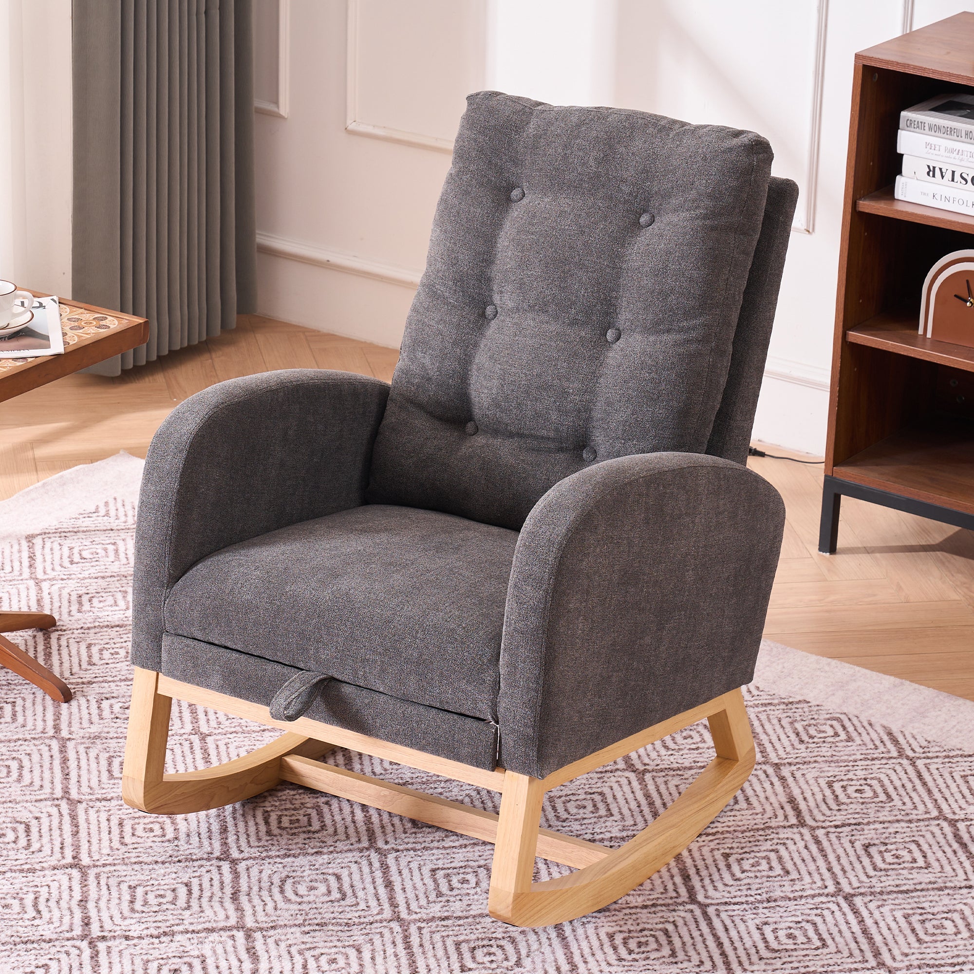 LY-5104 Gray Accent Rocking Chair with Footrest High Back Rubber Wood Rocking Legs - Grand Goldman Shop