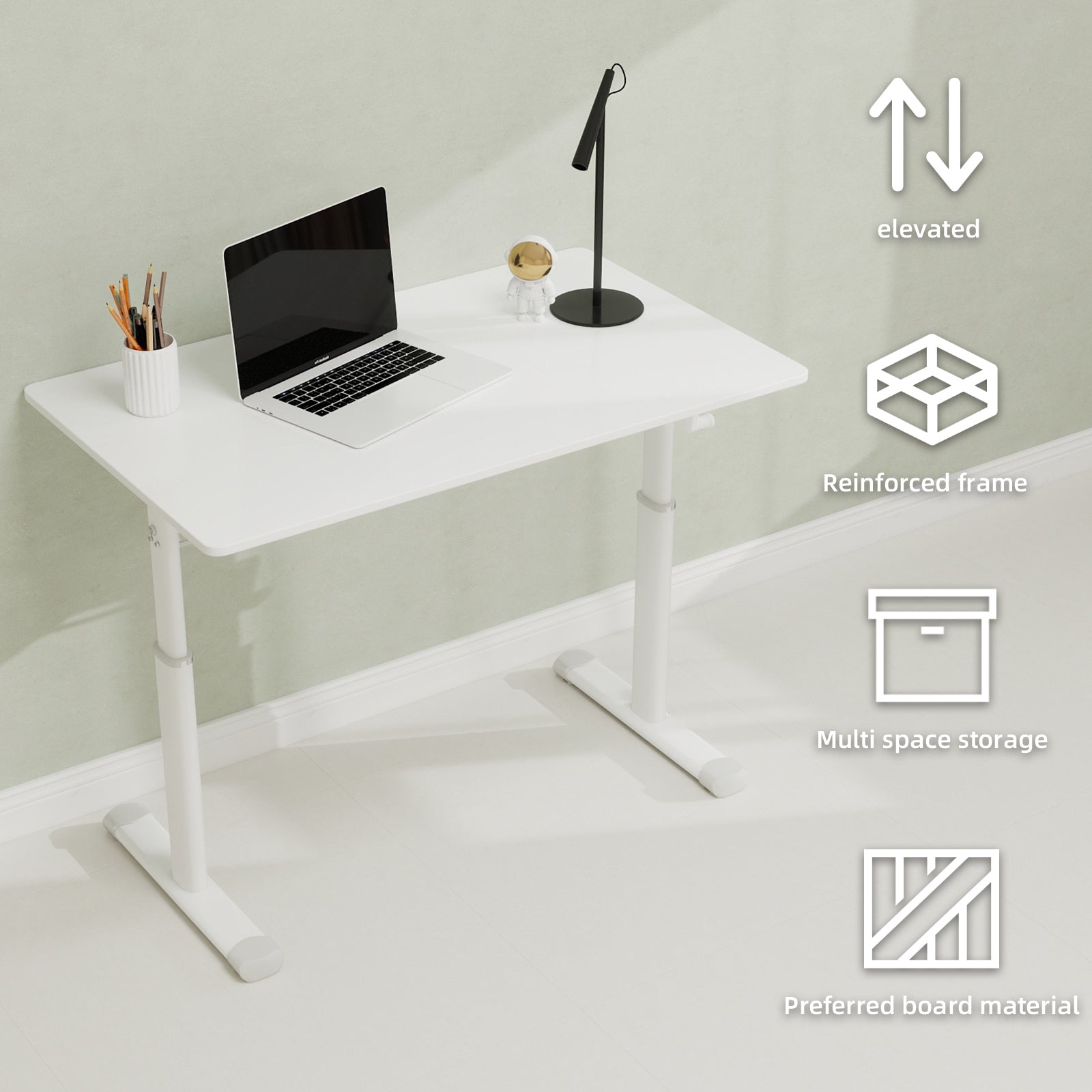 Adjustable Study Desk for Kids and Adults, Height-Adjustable Home Office Desk, White Frame with White Wood Tabletop, 60cm x 1