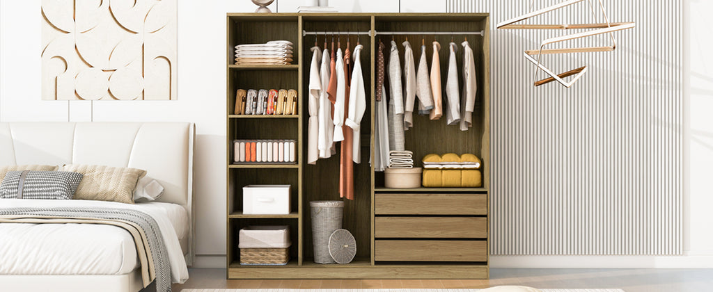 Doorless Wooden Storage Wardrobe for Dedroom with Shelves and 3 Drawers,Nature - Grand Goldman Shop