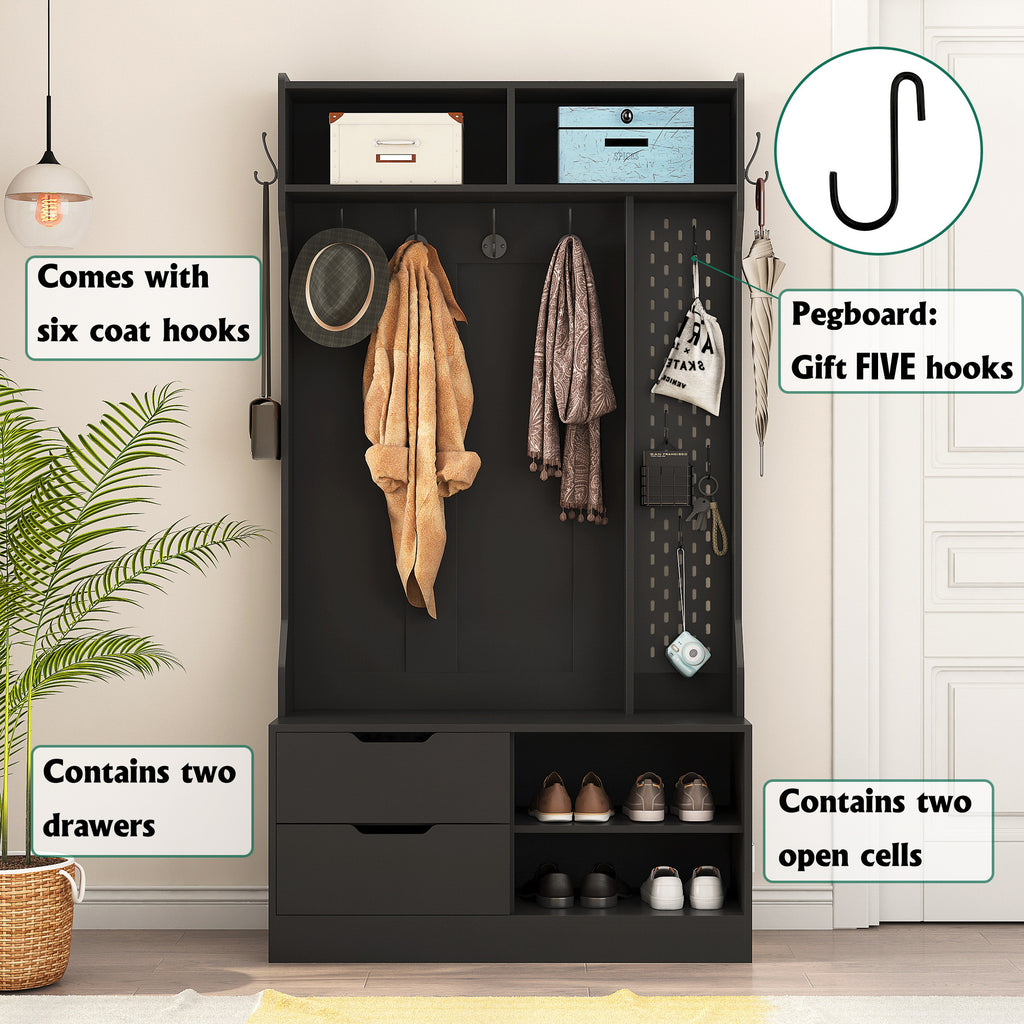 Hall Tree with 6 Hooks,Coat Hanger, Entryway Bench, Storage Bench,for Entrance, Hallwa,black - Grand Goldman Shop