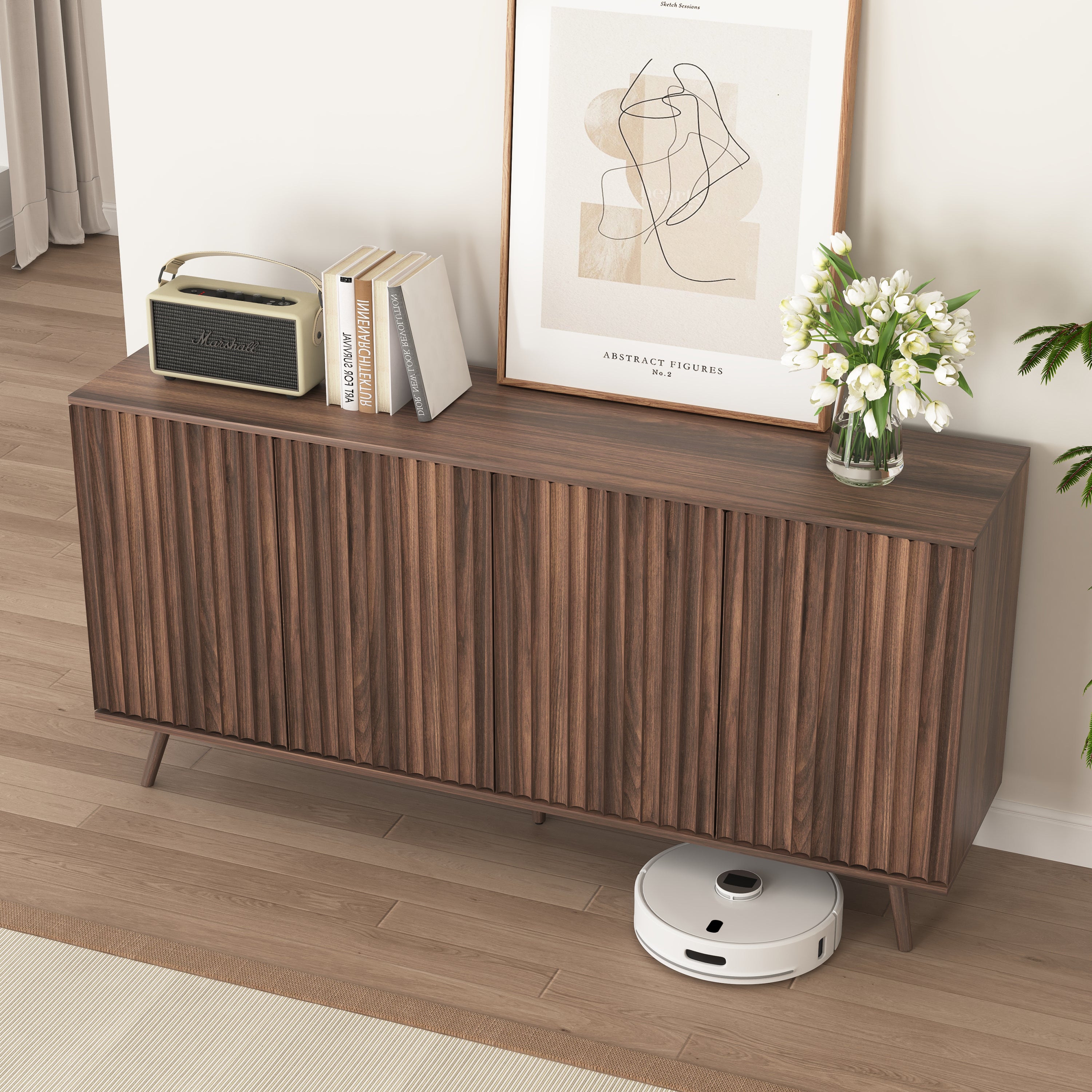 Sideboard Buffet Cabinet with Storage, Long Sideboard Storage Cabinet with 4 Doors, Wood Credenza Console Coffee Bar Cabinets with Adjustable Shelves for Living Room Kitchen Dining Room Walnut - Grand Goldman Shop