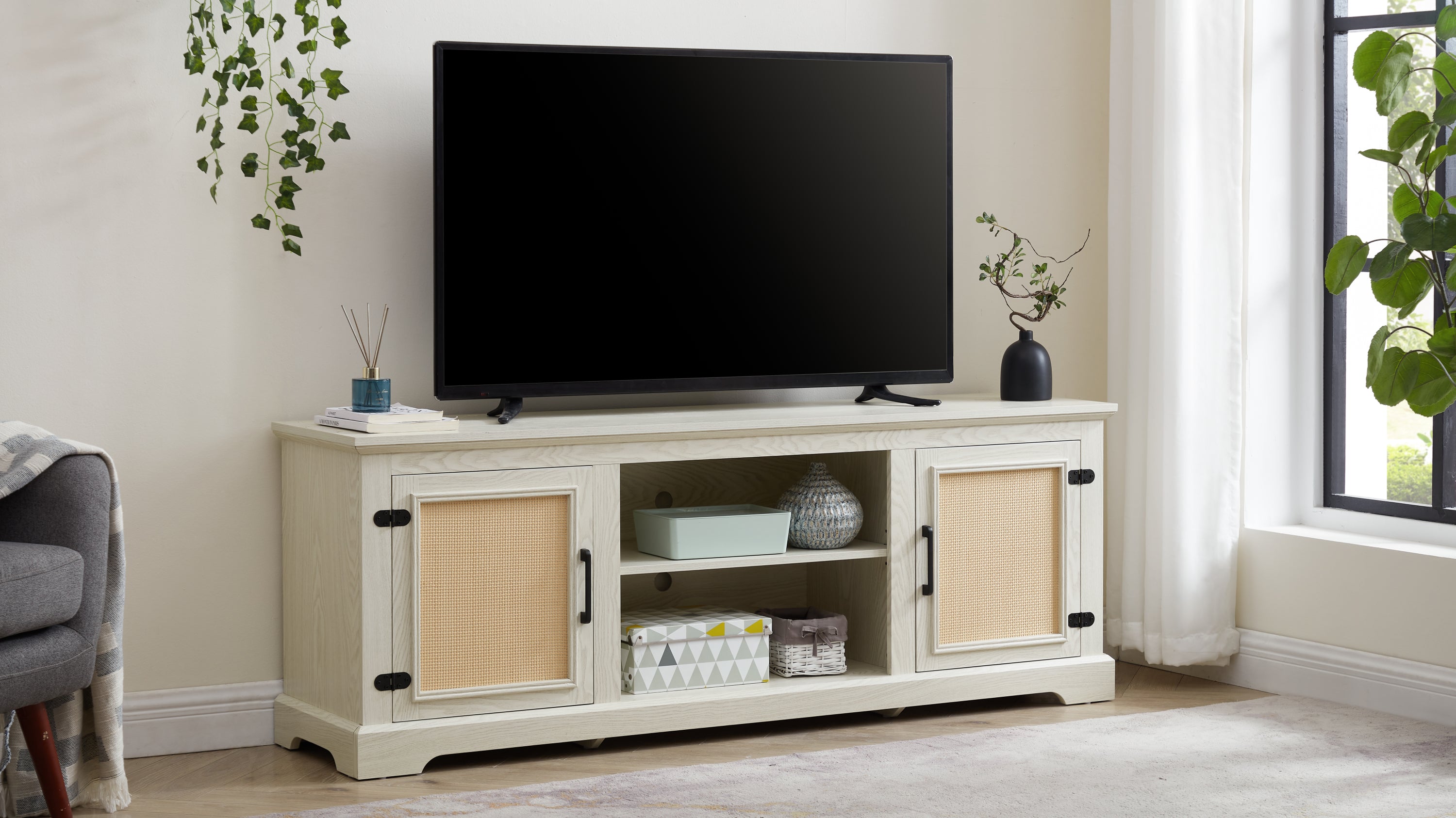 Farmhouse Rattan TV Stand Console Table for TVs up to 70 Inches, TV Console Table with 2 Storage Shelves, 2 Natural Rattan Door Cabinets,65'W*15.55'D*23.86'H, White - Grand Goldman Shop