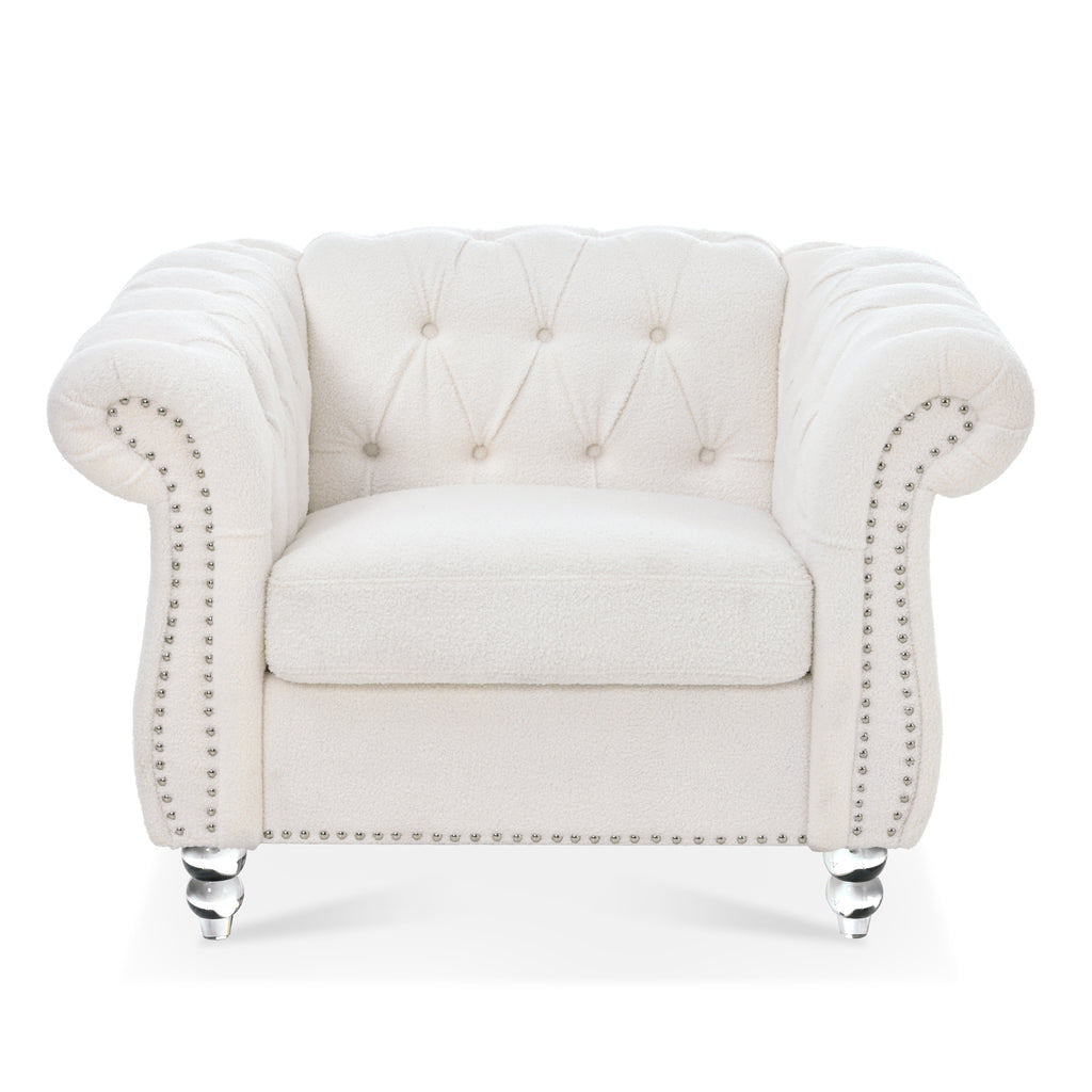 Modern Teddy Velvet 1 Seater Sofa for Living Room, White, Acrylic Legs, 38.98'W x 32.09'D x 28.35'H - Grand Goldman Shop