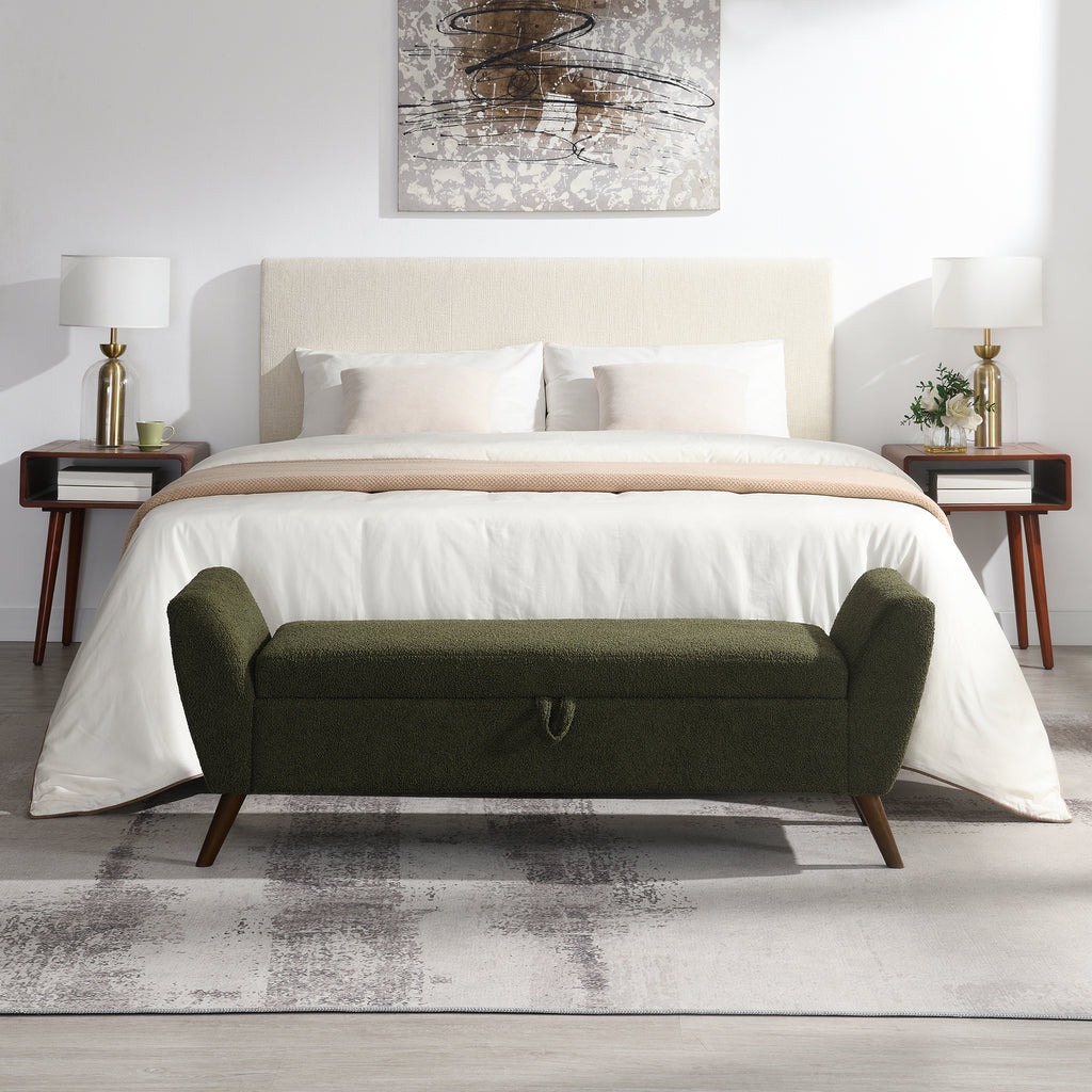 Modern Storage Bench with Mid-Century Wood Legs, 60'' Olive Green Teddy Fabric Upholstered Bench with Storage for Living Room & Bedroom - Grand Goldman Shop