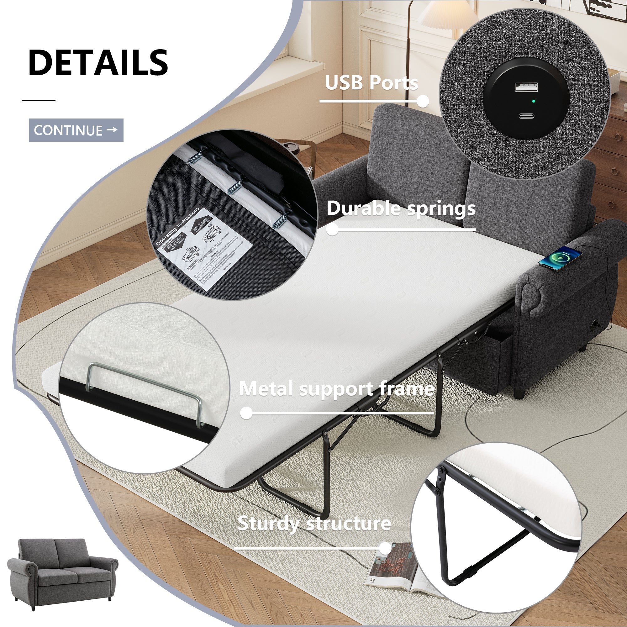 Orisfur Pull Out Sofa Bed Loveseat Sleeper with Twin Size Memory Mattress and USB Ports, Grey Linen, 57.9' - Grand Goldman Shop
