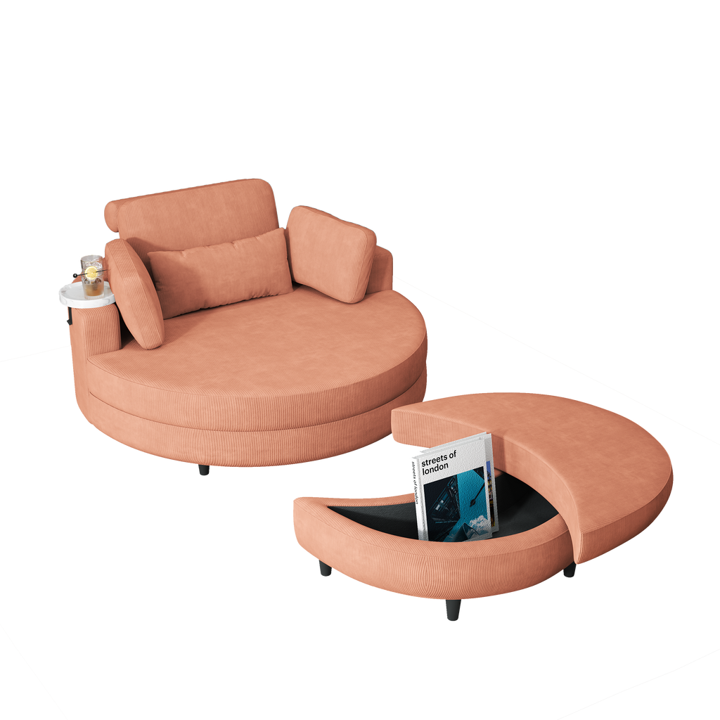 A 51-inch orange corduroy sofa with two throw pillows, a waist pillow and an extra tray is comfortable for a small apartment bedroom - Grand Goldman Shop