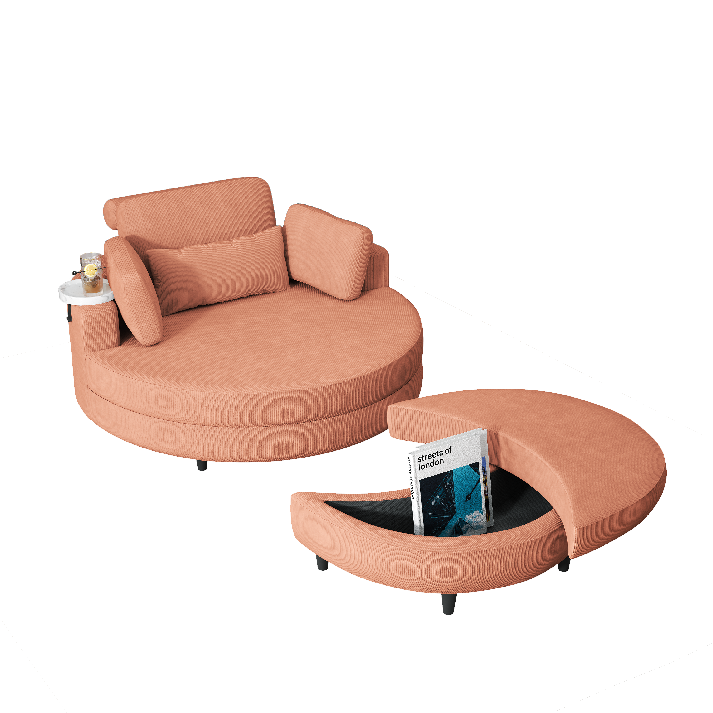 A 51-inch orange corduroy sofa with two throw pillows, a waist pillow and an extra tray is comfortable for a small apartment bedroom - Grand Goldman Shop