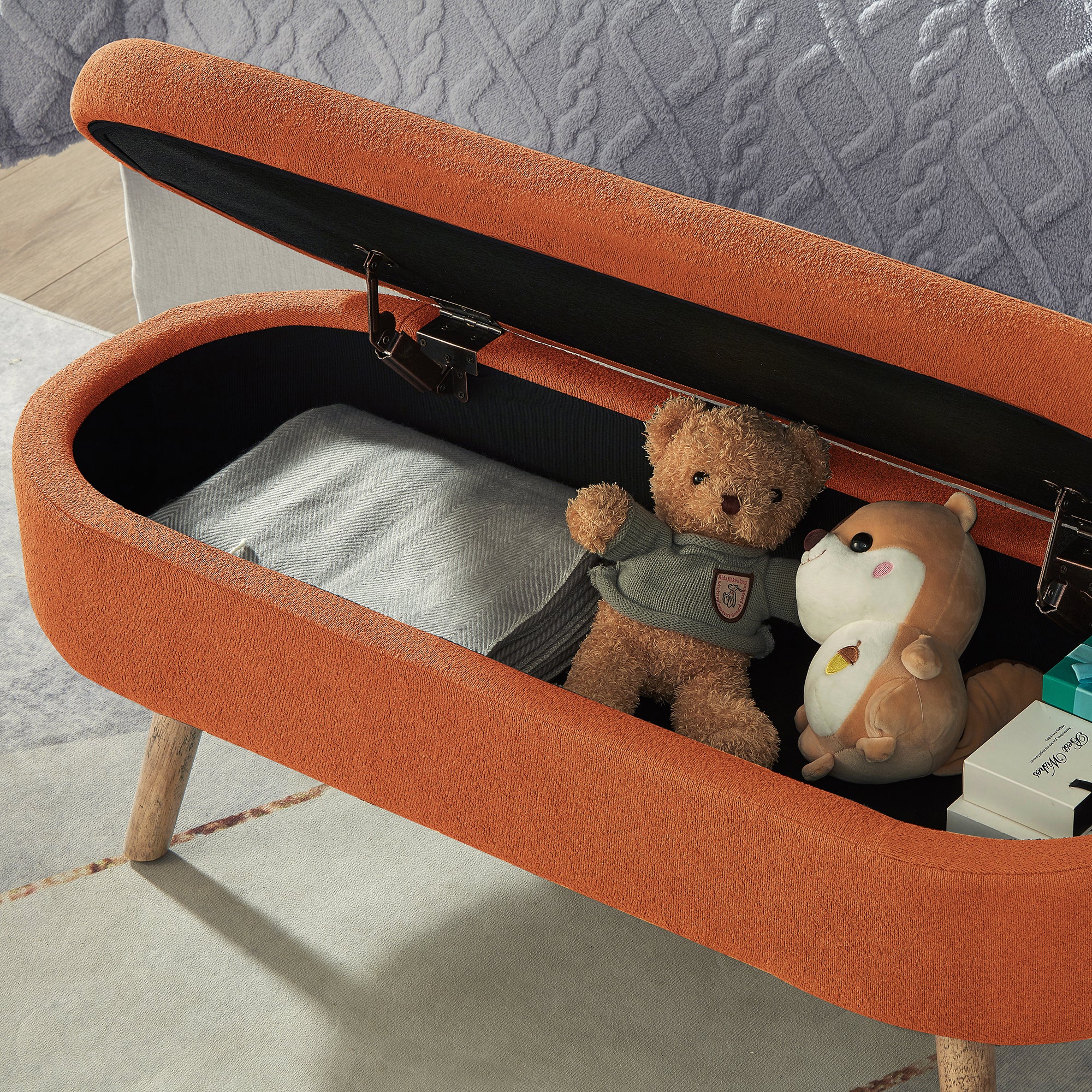 Luxury Oval Boucle Storage Ottoman Bench with Wood Legs 350lb Weight Capacity & Safety Hinge, for Living Room, Bedroom Entryway,ORANGE - Grand Goldman Shop