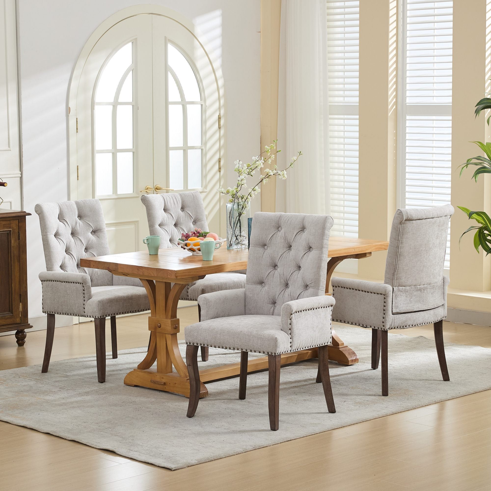 Upholstered Chenille Fabric Accent Dining Chair, Curved Solid Wood Legs, Elegant Tufted Club Dining Room Kitchen Room Arm Dining Chair, Single Pack,Beige,SW1895BG - Grand Goldman Shop