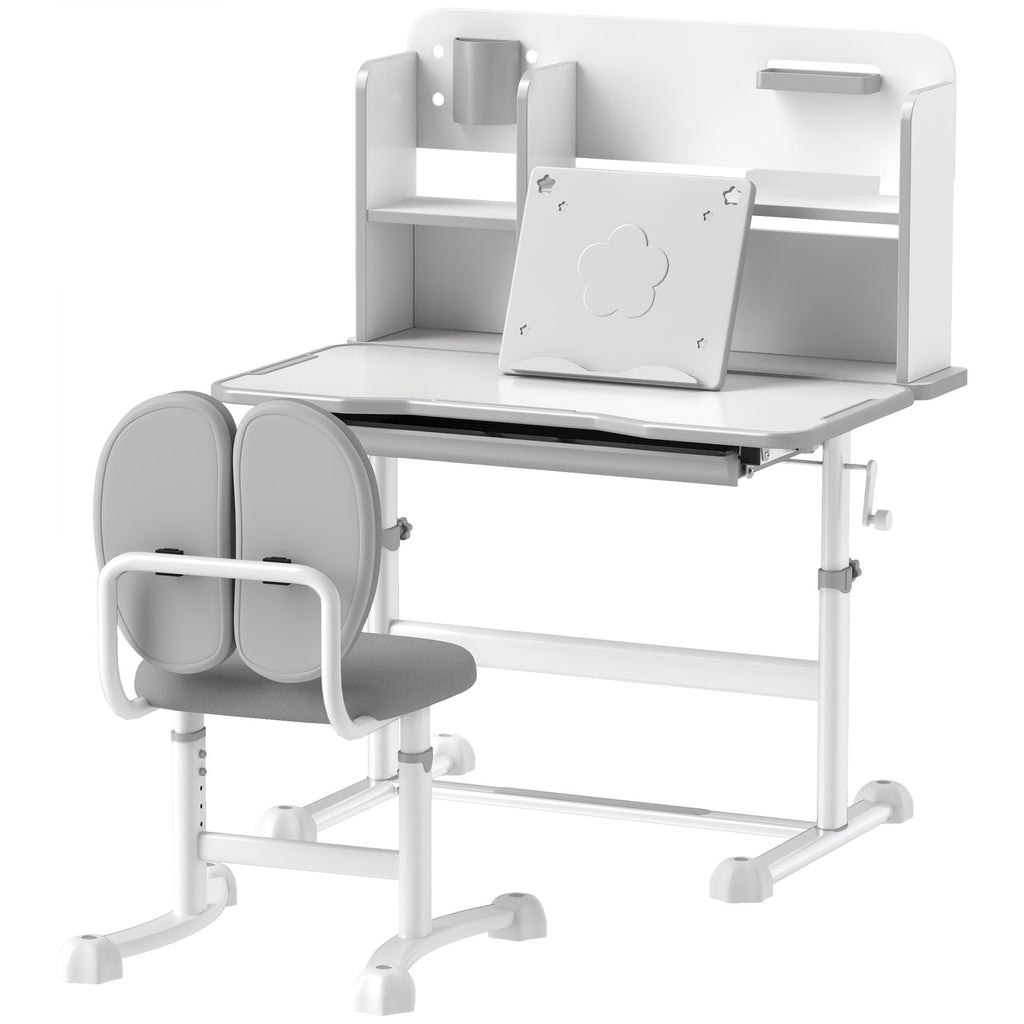 Qaba Kids Desk and Chair Set, Height Adjustable Kids School Study Desk and Chair Set with Tilt Desktop, Storage Drawer and Re