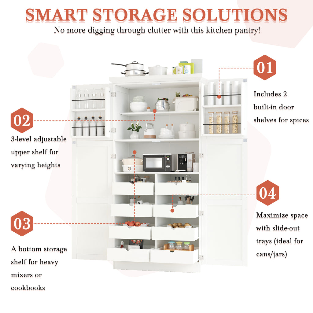 [Assembly Video Provided] TOPMAX 35.5x17.6x70.9inch Freestanding Kitchen Pantry Cabinet, Tall Storage Cabinet with 4 Doors, 2 Door Shelves, 8 Pull-out Trays and Adjustable Shelf for Dining Room, White - Grand Goldman Shop