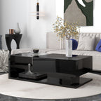 [VIDEO provided] ON-TREND Modern Coffee Table with Tempered Glass, Wooden Cocktail Table with High-gloss UV Surface, Modernist 2-Tier Rectangle Center Table for Living Room, Black - Grand Goldman Shop