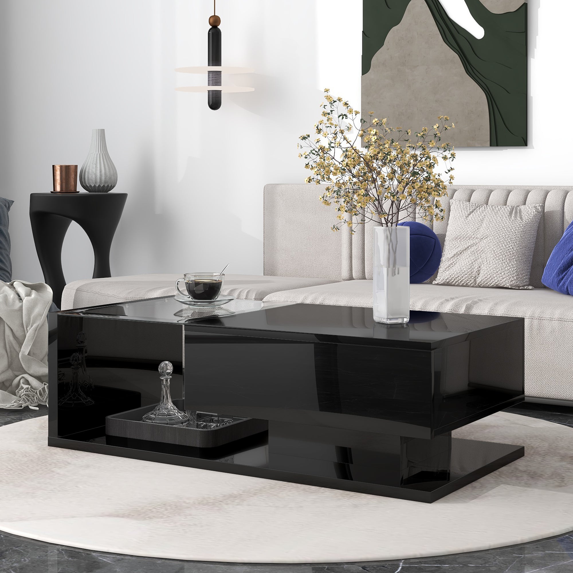 [VIDEO provided] ON-TREND Modern Coffee Table with Tempered Glass, Wooden Cocktail Table with High-gloss UV Surface, Modernist 2-Tier Rectangle Center Table for Living Room, Black - Grand Goldman Shop