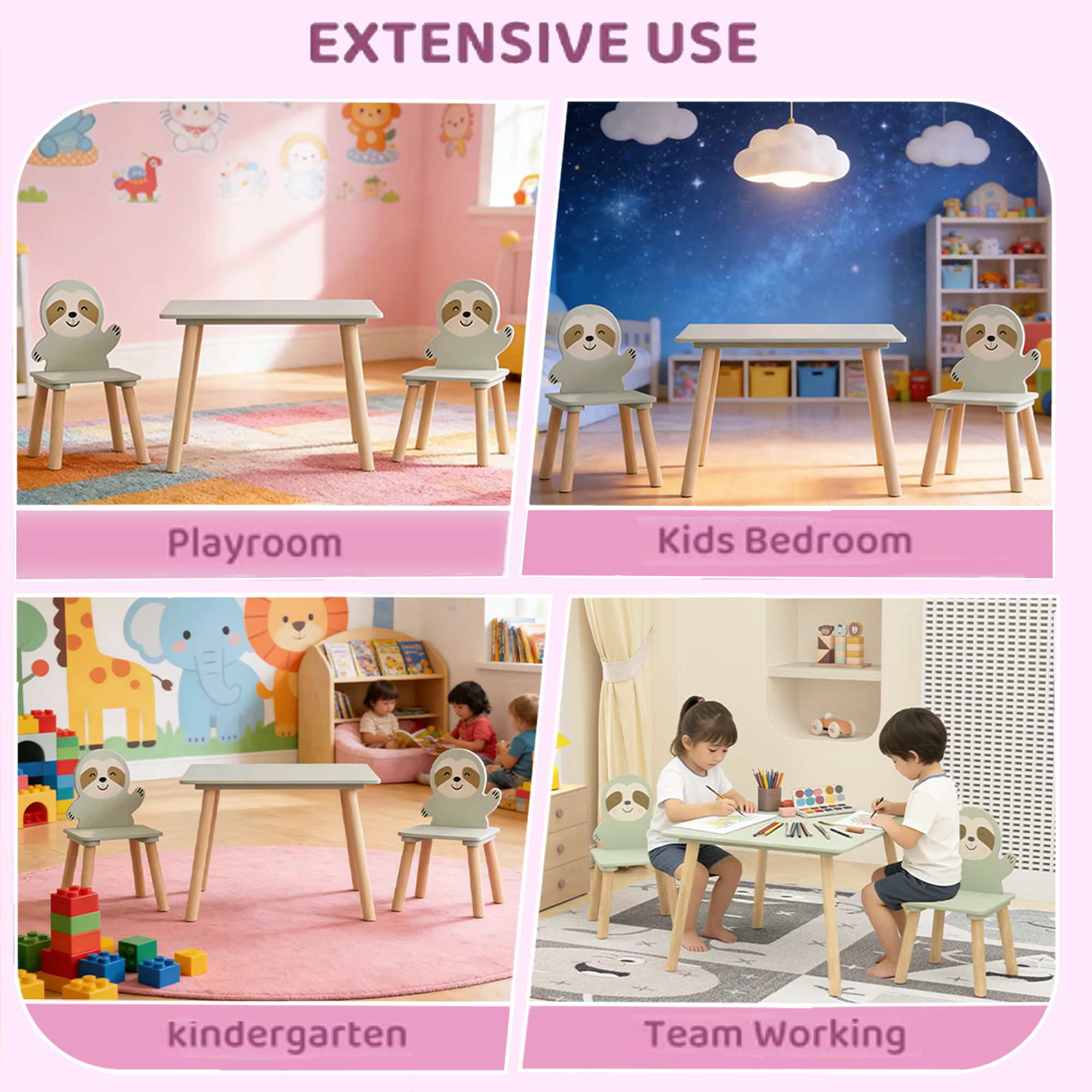 Kids Table and Chair Set with 2 Cute Sloth Chairs, Wooden Toddler Activity Table, Cute Animal Design Play & Study Set for Pla