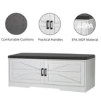 2 Tier Shoe Bench with Padded Seat, 2 Barn Doors and Adjustable Shelves, for Entryway and Living Room, White MDF - Grand Goldman Shop