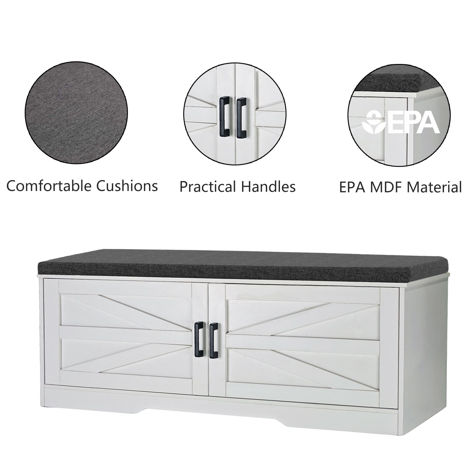 2 Tier Shoe Bench with Padded Seat, 2 Barn Doors and Adjustable Shelves, for Entryway and Living Room, White MDF - Grand Goldman Shop