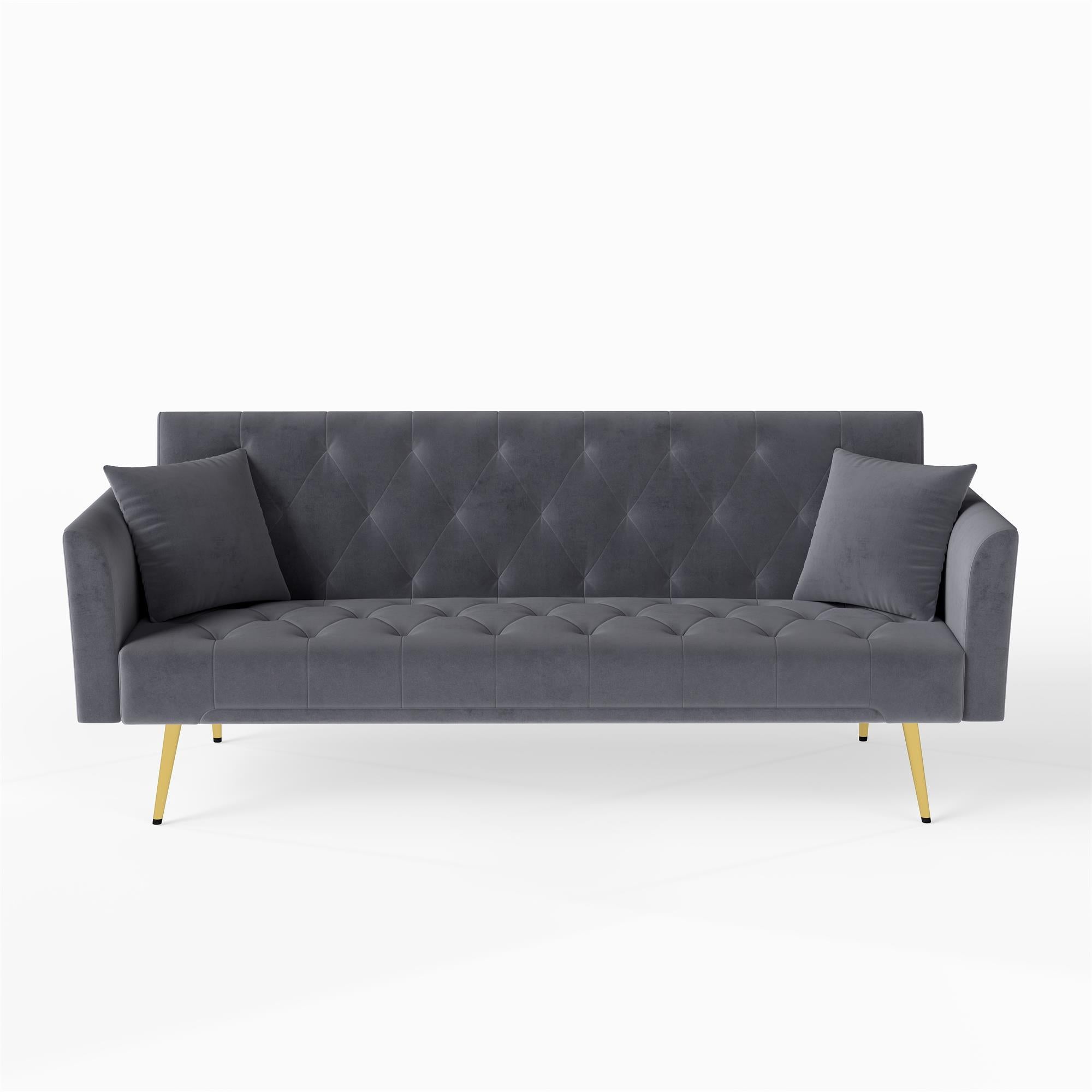 Modern convertible 72 inch foldable sleeper sofa with tufted, American retro style, made of gray velvet material, suitable for small living rooms, bedrooms and offices. gray color - Grand Goldman Shop