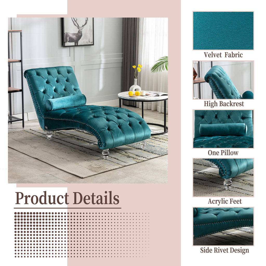 Velvet Chaise Lounge Indoor, Button-Tufted Upholstered Chaise Lounge Chair with Pillow, Teal Velvet, 63.38 inch - Grand Goldman Shop