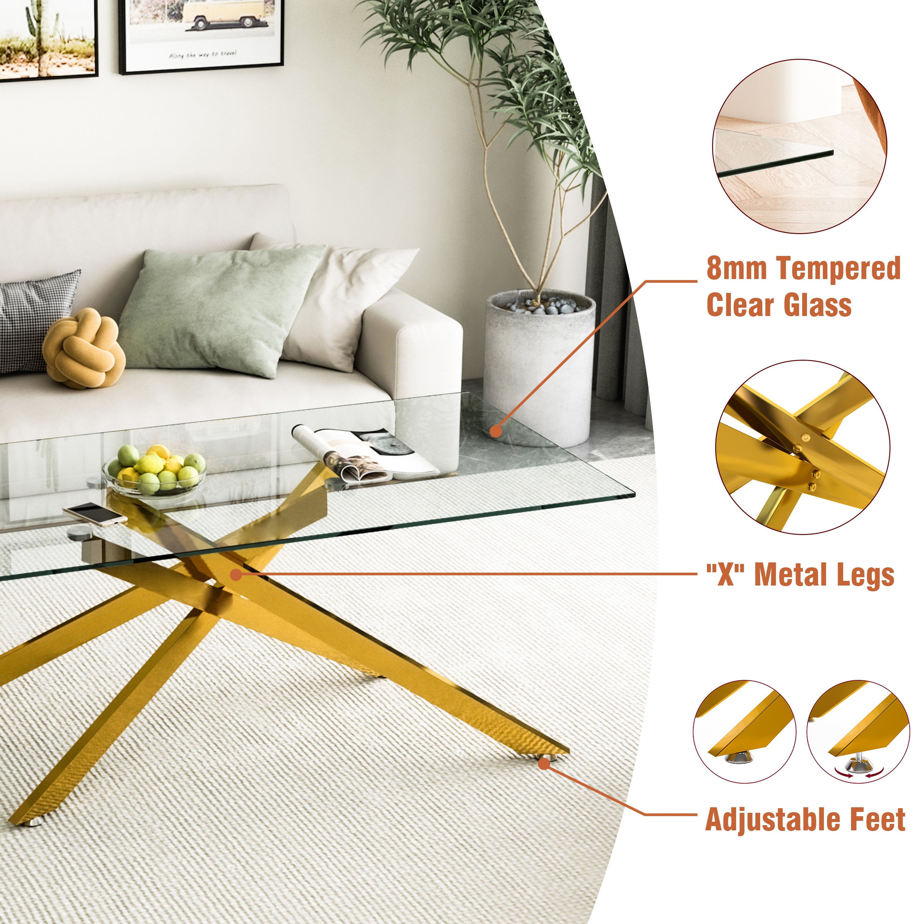 47.2' Rectangular Clear Tempered Glass Coffee Table,Stylish Design with Golden Metal Legs, Coffee Table for Living Room - Grand Goldman Shop