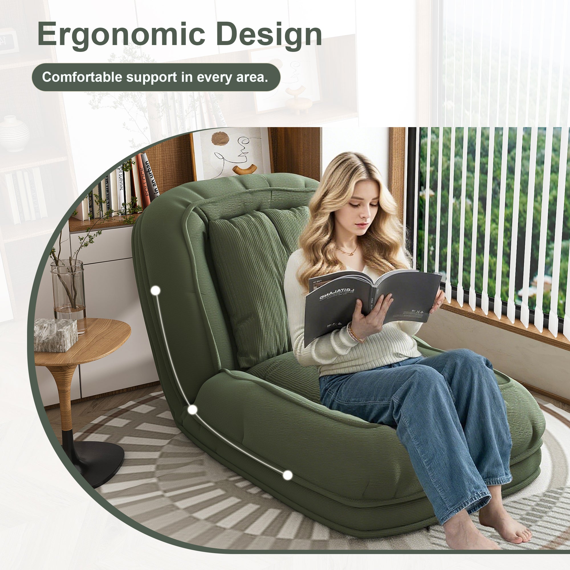 Green Upholstered Human Dog Bed with 5 Adjustable Positions, Foldable Lazy Sofa Bed for Adults and Pets, Includes 2 Soft Pillows for Bedroom, Living Room, Reading Corner - Grand Goldman Shop