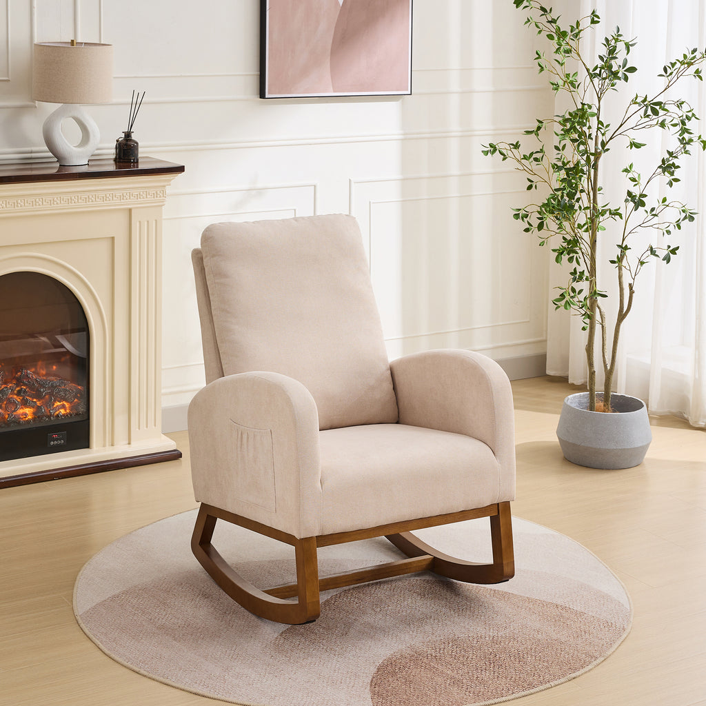 27.2'W Rocking Chair for Nursery, Polyester Glider Chair with High Back and Side Pocket, Rocking Accent Armchair with Rubber Wood Legs for Living Room/Bedroom.Beige - Grand Goldman Shop