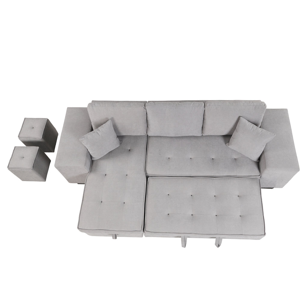 Modern Reversible L-Shape Pull Out Sleeper Sofa with Storage Chaise and Stools, Gray Linen, 104.5' - Grand Goldman Shop