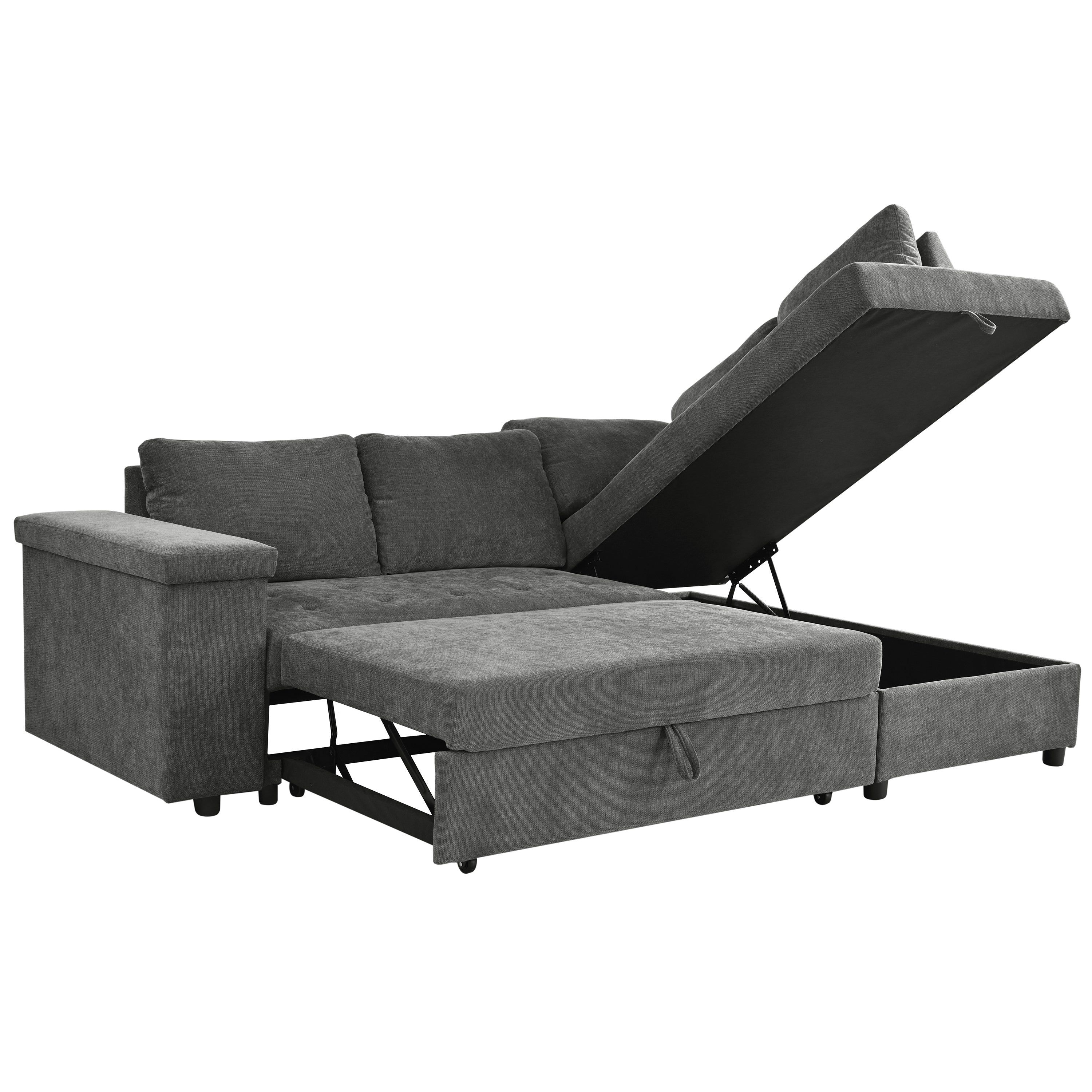 Mirod 91.5-Inch L Shaped Couch with Pull Out Bed and Storage Sectional Sleeper Sofa with Hidden Storage , Wide Armrest with storage,for Living Room, Apartment, Bedroom, Office - Grand Goldman Shop