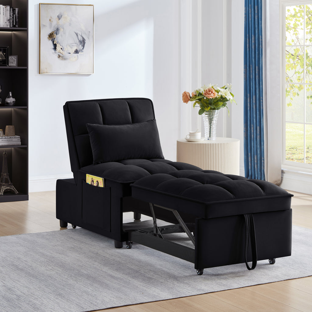 4 in1 Multi-Function Single Sofa Bed with Storage Pockets,Tufted Single Pull-out Sofa Bed with Adjustable Backrest and Pillows ,Convertible  Chaise Lounge,Black - Grand Goldman Shop