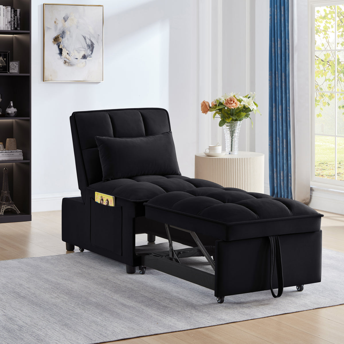 4 in1 Multi-Function Single Sofa Bed with Storage Pockets,Tufted Single Pull-out Sofa Bed with Adjustable Backrest and Pillows ,Convertible  Chaise Lounge,Black - Grand Goldman Shop