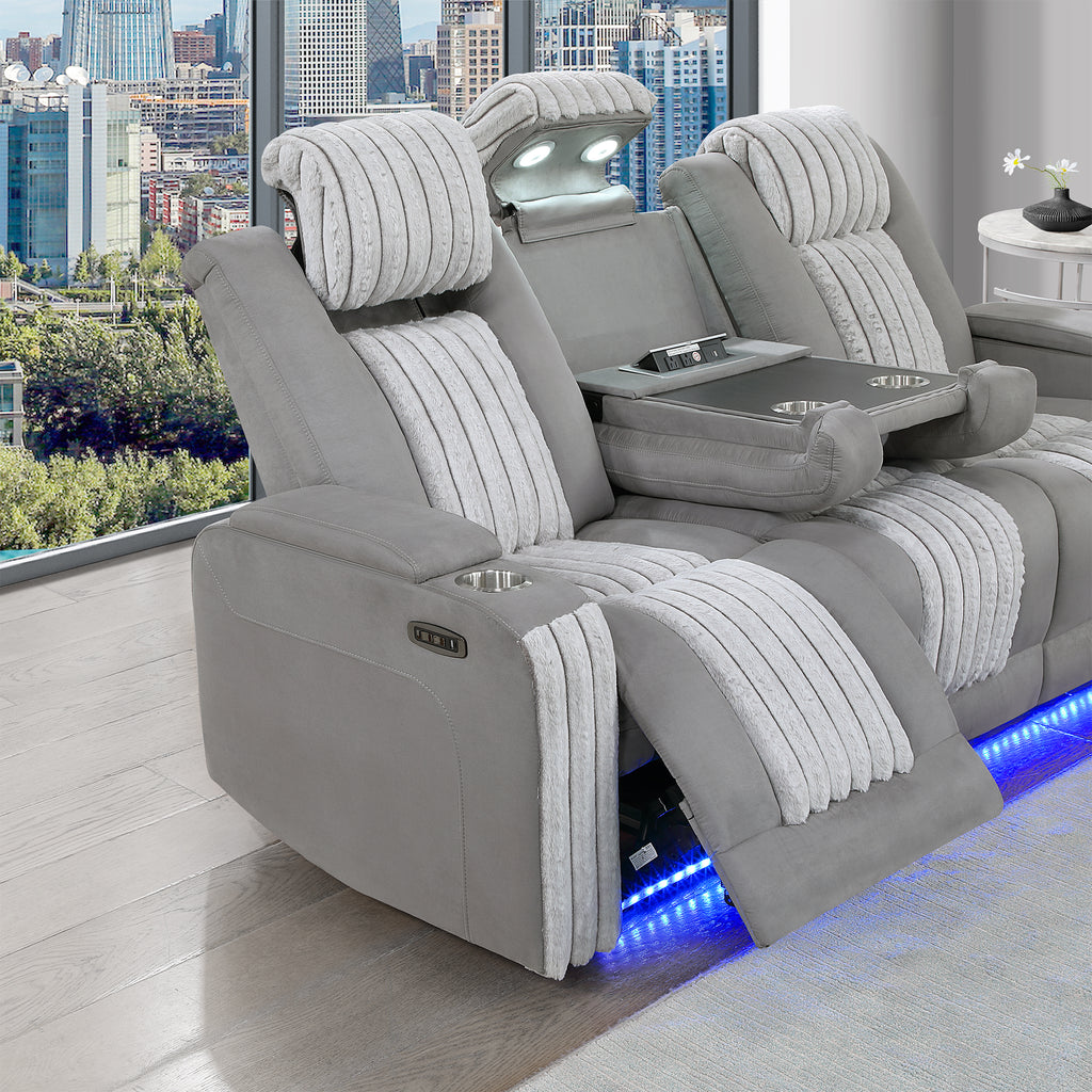 Duran Grey 2PC Power Reclining Sofa and Loveseat with Power Headrest, LED, USB, and Bluetooth Speaker - Grand Goldman Shop