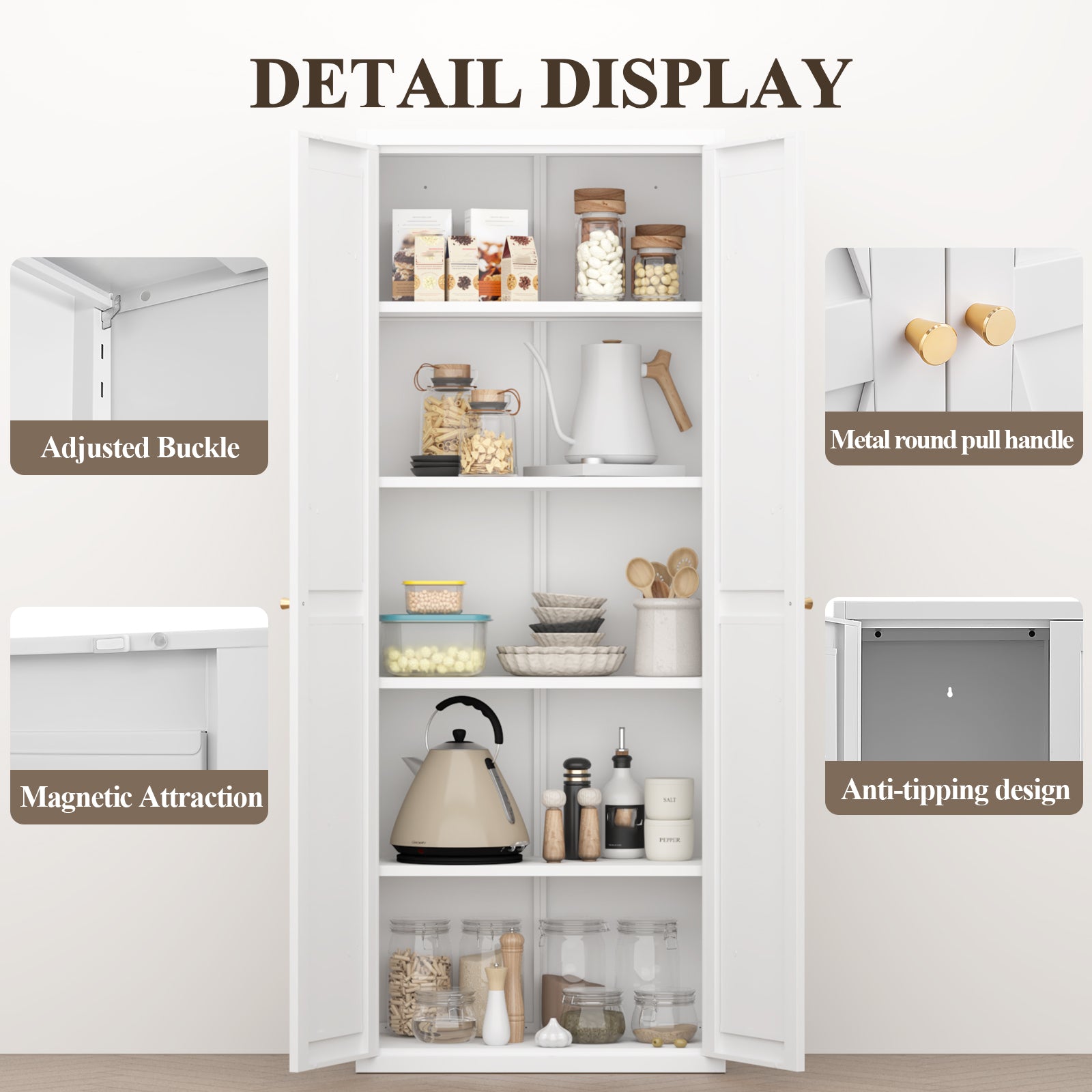 White Metal Adjustable 2-Door Storage Cabinet with Powder-Coated Steel, Tall Kitchen Pantry Cabinet with Adjustable Shelves f