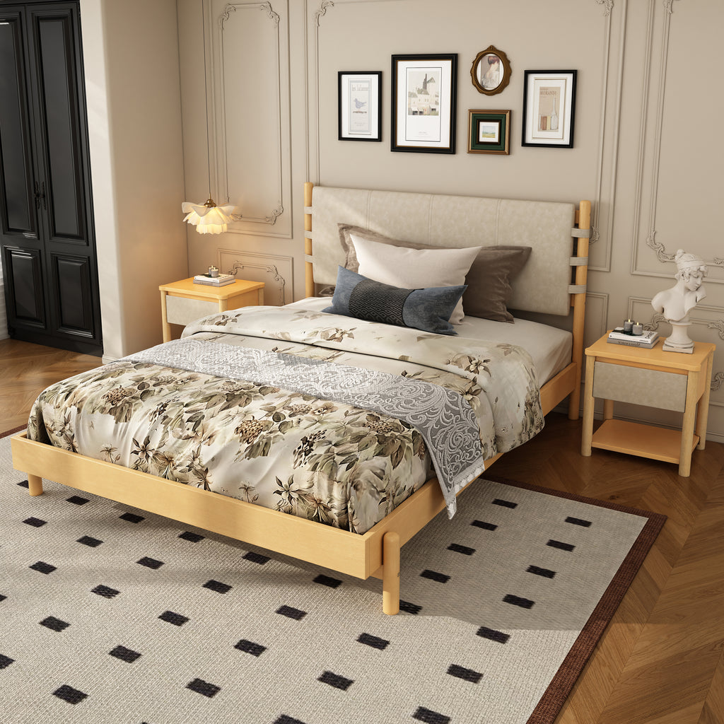 Modern Queen Bed Frame Set with 2 Nightstands, Beige Wood Platform Bed with Headboard and Matching Bedside Tables for Bedroom - Grand Goldman Shop