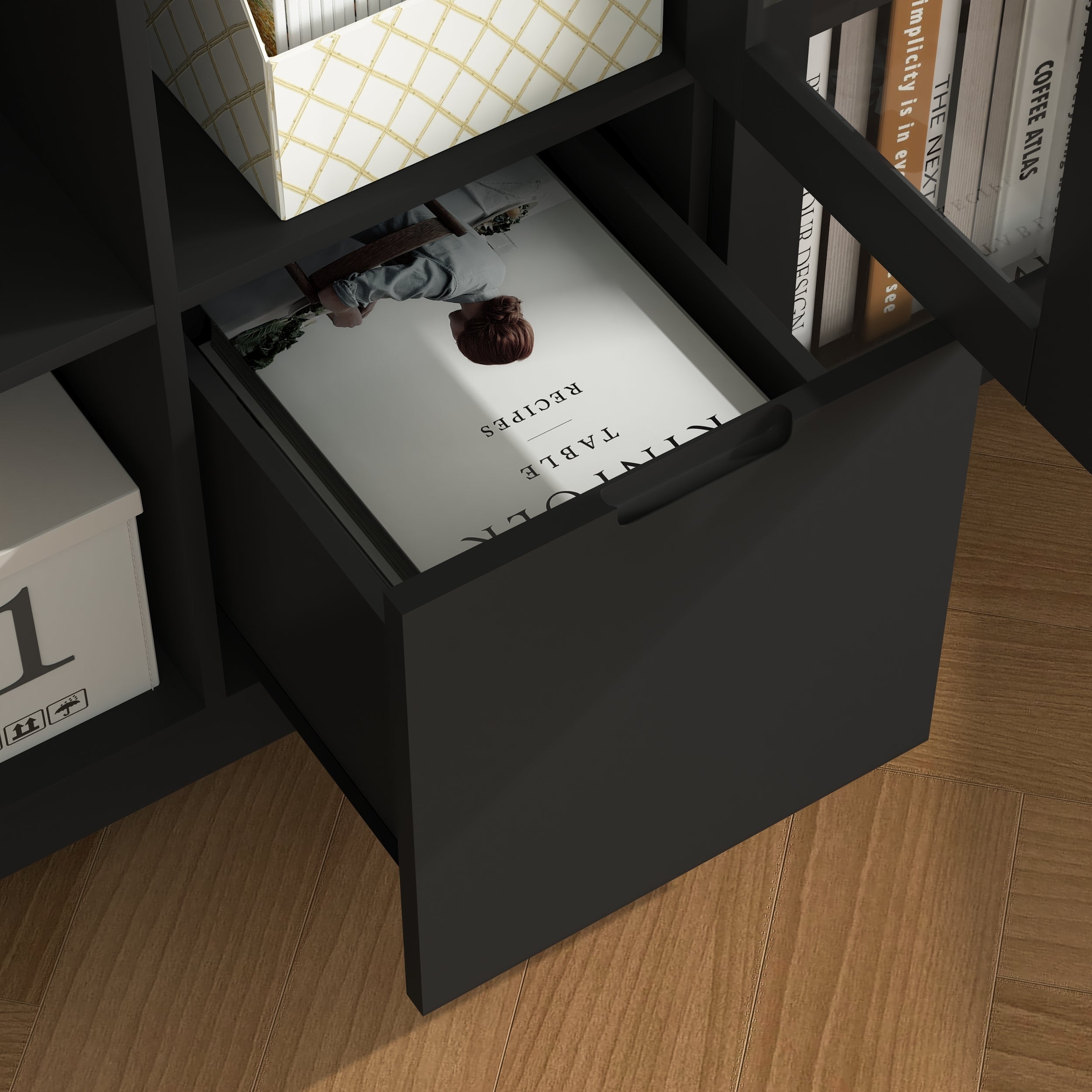 Modern MDF Painted Cabinet with Glass Doors and Drawer, Black, Bedroom or Living Room Storage - Grand Goldman Shop