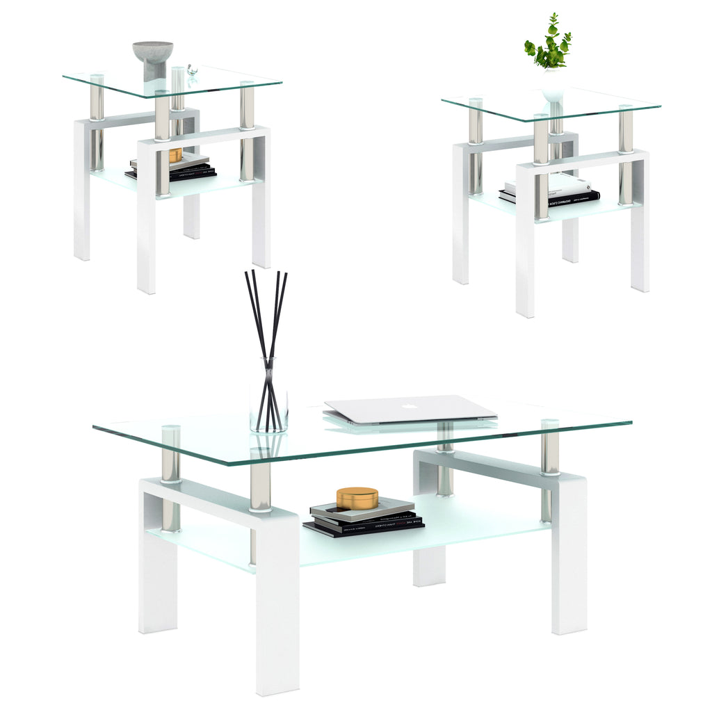 Set of 2, Modern Tempered Glass Tea Table Coffee Table End Table, Square Table for Living Room, Transparent/White - Grand Goldman Shop