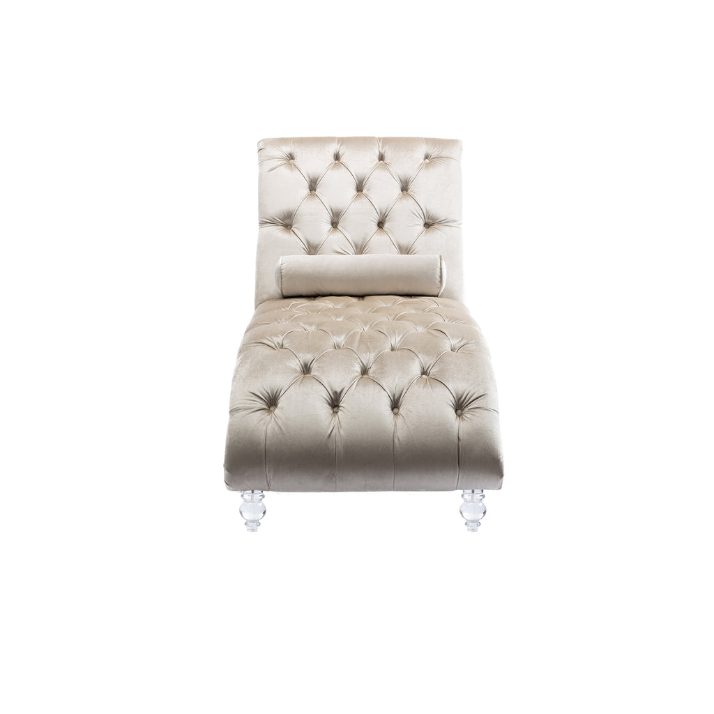 Velvet Chaise Lounge Indoor, Button-Tufted Upholstered Chair with Pillow, Beige Velvet, 63.38x28.94x34.05 inches - Grand Goldman Shop