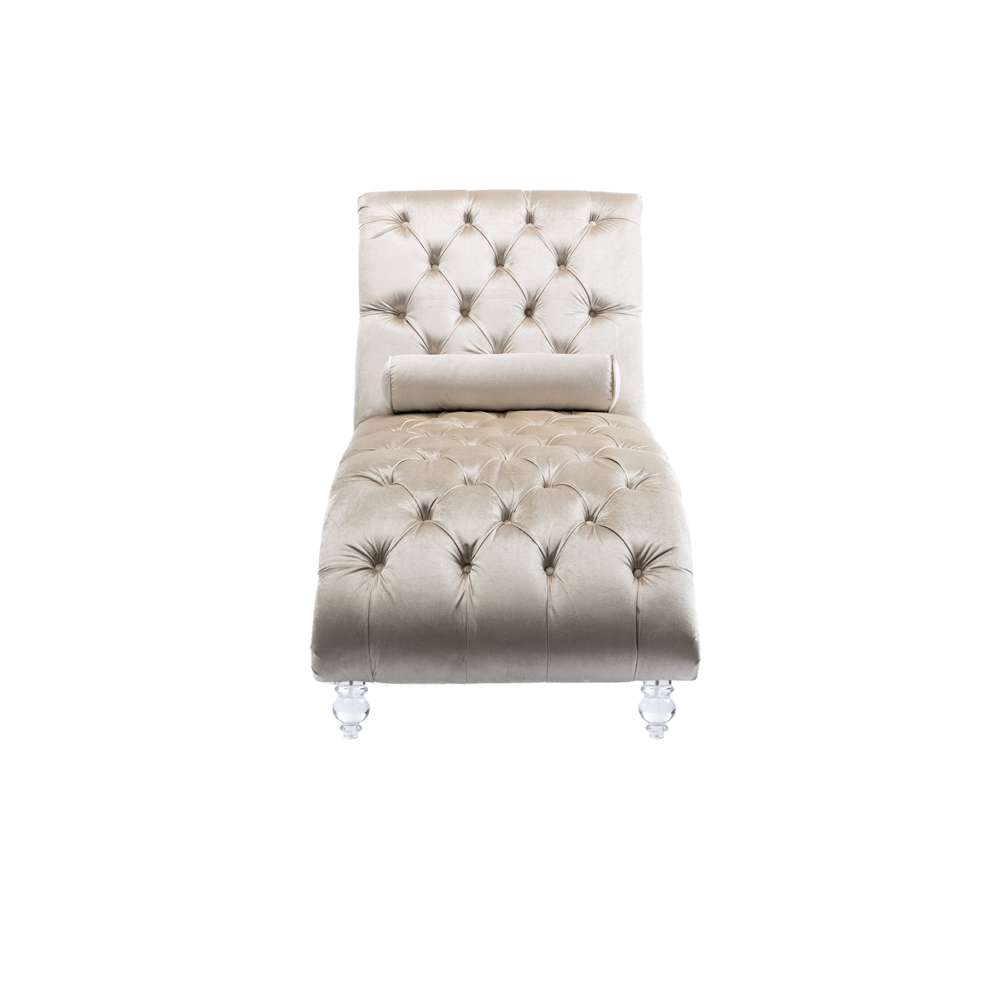 Velvet Chaise Lounge Indoor, Button-Tufted Upholstered Chair with Pillow, Beige Velvet, 63.38x28.94x34.05 inches - Grand Goldman Shop