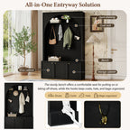 ON-TREND Farmhouse All-in-One Hall Tree with Adjustable Shelves, Retro Arched Entryway Storage Bench with 3 Cabinets, Wooden Coat Rack Organizer with 4 Golden Hooks for Mudroom, Hallway, Black - Grand Goldman Shop